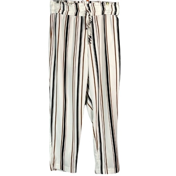 DYNAMITE Striped Pants High Waist Elastic Drawstring Waist Ivory Brown Black M - Picture 2 of 10